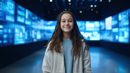 A young girl stands confidently in a futuristic space filled with holographic data screens, embodying the intersection of youth and technology in a vibrant digital atmosphere.の素材