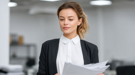 A confident woman in formal attire is managing paperwork and sorting documents in a modern office space, showcasing professionalism and focus on her tasks.の素材