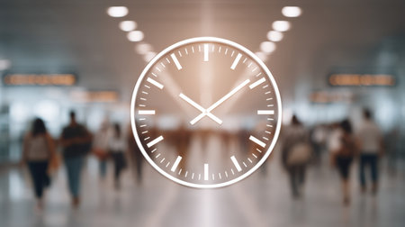 A translucent clock face overlays a bustling urban scene, capturing the essence of time and movement with people walking in a busy public space.の素材