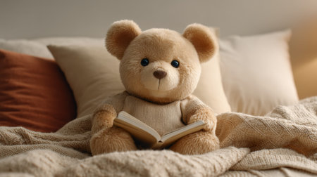This charming image features a cozy teddy bear reading a book under soft light, nestled in a warm bed setup. It evokes feelings of comfort and tranquility.の素材