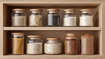 Explore a well-organized kitchen cupboard showcasing glass jars filled with grains, spices, and pasta, perfect for home chefs seeking culinary inspiration and efficient storage.の素材