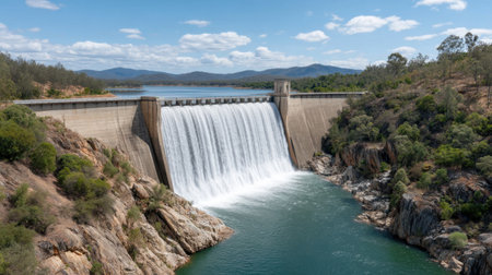 Experience the beauty of a large dam as water cascades powerfully down its wall, surrounded by lush greenery and tranquil landscapes under clear blue skies.の素材