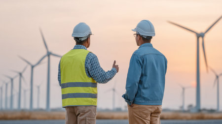 Two professionals in safety gear discuss wind turbine installations at a renewable energy site during a captivating sunset, showcasing teamwork and planning.の素材