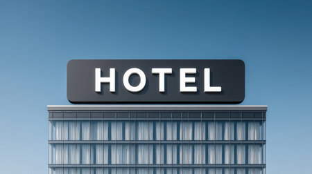 A sleek hotel building featuring a bold "HOTEL" sign against a bright blue sky. This modern architectural design captures the essence of urban hospitality and contemporary lodging.の素材