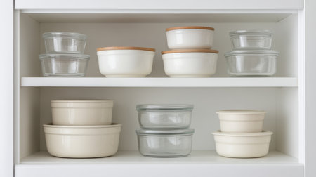 A beautifully arranged open white cupboard showcasing stacked glass containers of various sizes, perfect for kitchen organization and stylish storage solutions.の素材