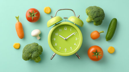 A vibrant arrangement of fresh vegetables surrounding a green alarm clock, showcasing a healthy lifestyle concept. Perfect for nutrition and food-related themes.の素材
