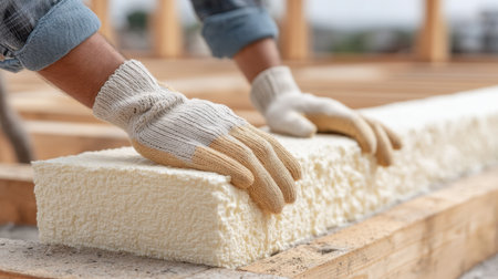 A close-up of a worker applying spray foam insulation to a house frame, highlighting the importance of protection and energy efficiency in modern construction practices.の素材
