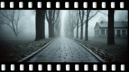 This monochrome macro image features a desolate path winding through trees in a foggy landscape, evoking feelings of mystery, solitude, and calmness in nature.の素材