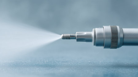 This close-up image showcases the dental spray mechanism of a dental drill in motion, highlighting its design and usage in oral health procedures against a soft focus background.の素材
