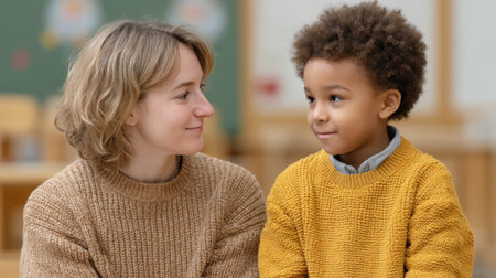 A therapist works with a child on the autism spectrum in a nurturing environment, fostering communication and emotional growth while promoting understanding and support.の素材