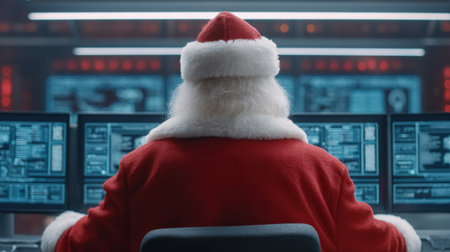 A whimsical portrayal of Santa Claus in a cybersecurity command center, expertly managing festive operations with high-tech screens on Christmas night.の素材