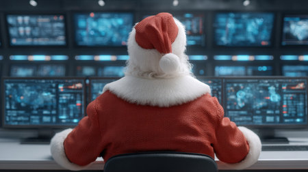 A festive scene featuring Santa Claus at a cybersecurity command center, monitoring multiple screens on Christmas night, blending holiday spirit with tech vigilance.の素材