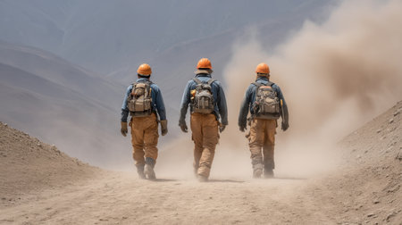 A group of construction workers wearing orange helmets walks along a dusty path, showcasing teamwork and dedication in a rugged outdoor job site environment.の素材