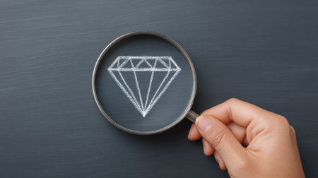 A hand holds a magnifying glass, focusing on a hand-drawn diamond illustration on a dark chalkboard background, creating an elegant and artistic visual.の素材