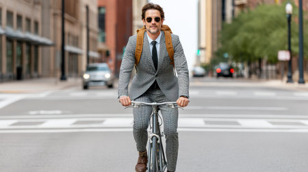 A professional individual wearing formal attire cycles safely through an urban environment, showcasing the modern approach to commuting for work during daylight.の素材