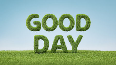 A vibrant image of the words "Good Day" crafted from lush green grass, set against a bright blue sky. Perfect for conveying positivity and nature's beauty.の素材