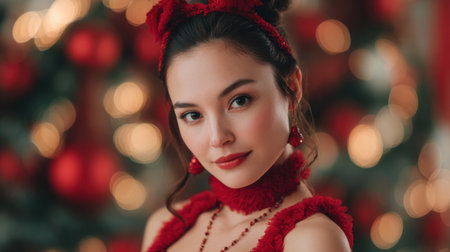 Captivating portrait of a woman in a red dress adorned with Christmas accessories, surrounded by festive decorations, radiating joy and elegance for the holiday season.の素材