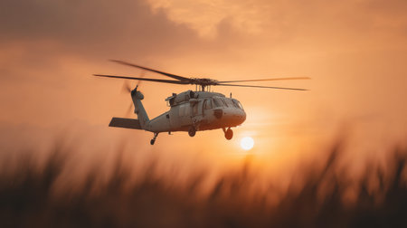 A breathtaking helicopter flies gracefully in the sky, surrounded by warm tones of a stunning sunset. This image captures the beauty of aviation against nature's vivid backdrop.の素材