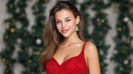 A stunning woman in a vibrant red dress and Christmas tree earrings poses gracefully, embodying the joyful spirit of the holiday season with a warm smile.の素材