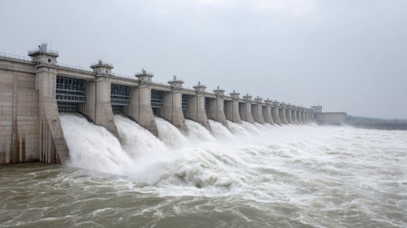 This image captures a powerful dam structure releasing a massive flow of water, illustrating the dynamic force of nature against a moody gray sky.の素材
