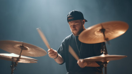 A passionate drummer captivates the audience in a dimly lit studio, energetically performing with cymbals, embodying the essence of live music and rhythm.の素材