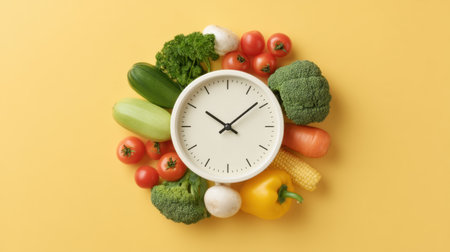 This vibrant image features a clock surrounded by an array of fresh vegetables, symbolizing the importance of nutrition and time management for healthy eating habits.の素材