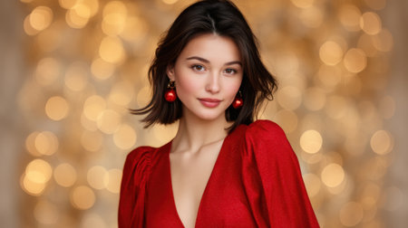 A captivating portrait of a woman in a stunning red dress, adorned with festive accessories, exuding holiday cheer against a dreamy bokeh backdrop. Perfect for seasonal imagery.の素材