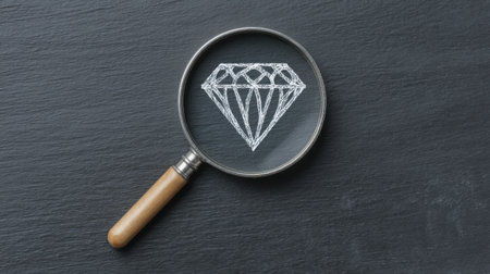 A close-up view of a magnifying glass showcasing a sketched diamond on a chalkboard, perfect for themes of design, elegance, and artistic exploration.の素材