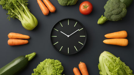 A vibrant arrangement of fresh vegetables surrounds a black clock, highlighting the importance of time in meal preparation and healthy nutrition concepts for a balanced diet.の素材