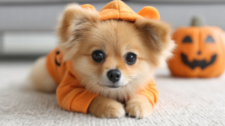 Adorable small dog resting comfortably in a spooky pumpkin outfit on a cozy living room floor, surrounded by festive Halloween decor, embodying holiday cheer.の素材