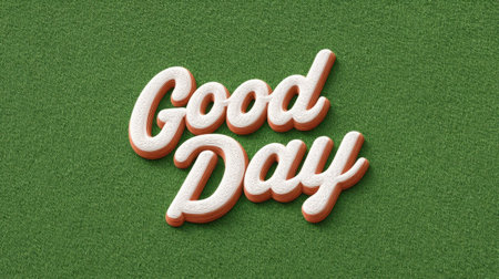 A lively and engaging design featuring the words "Good Day" set against a lush green grassy field, encapsulating the spirit of positivity and joy.の素材