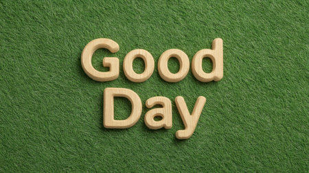 A vibrant green lawn serves as the backdrop for wooden letters spelling 'Good Day,' exuding warmth and positivity. Perfect for uplifting themes and visuals.の素材