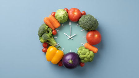 This colorful clock design featuring fresh vegetables symbolizes healthy eating and time management, making it ideal for promoting nutrition and wellness in culinary contexts.の素材