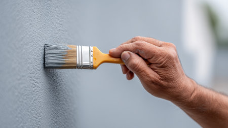 A close-up view of a painter's hand applying fresh gray paint to the outer surface of a house wall, showcasing the precision and care involved in home improvement.の素材