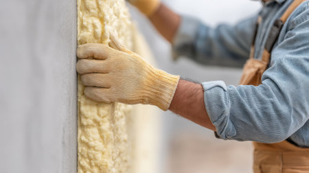 A dedicated construction worker applies spray foam insulation to a wall, enhancing energy efficiency and comfort in both residential and commercial projects.の素材