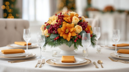 Beautifully decorated Christmas dining table featuring a floral centerpiece with warm colors, perfect for creating a cheerful and inviting holiday atmosphere.の素材