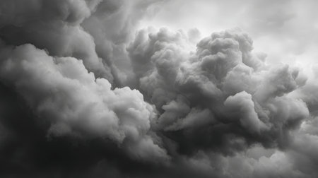 A stunning backdrop of stormy gray and black thunderclouds fills the sky, creating a moody atmosphere ideal for weather themes and atmospheric designs.の素材