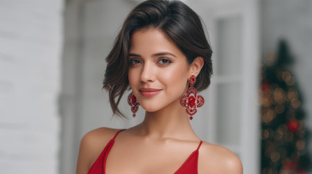 Beautiful female model smiling in a striking red dress, adorned with sparkling jewelry, captured against a warm and festive Christmas backdrop, radiating elegance.の素材