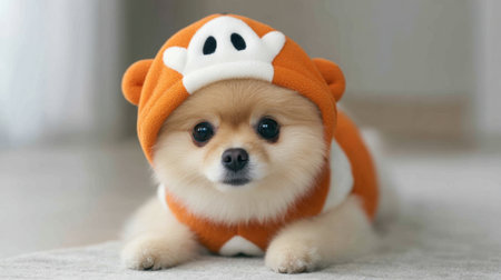 Adorable small dog dressed in a pumpkin costume, relaxing on the cozy living room floor, capturing the essence of Halloween in a warm and inviting atmosphere.の素材