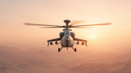 A stunning helicopter flies low during a golden sunset, illuminating the mountainous landscape with soft topaz hues, evoking tranquility and freedom in the evening sky.の素材