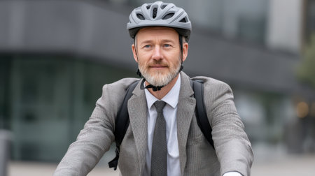 A businessman dressed in a suit and wearing a helmet rides his bicycle through an urban setting. This image promotes commuting, lifestyle choices, and safety.の素材