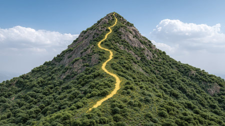 A captivating image of a winding path leading to a mountaintop, surrounded by lush greenery and under a bright blue sky, symbolizing personal growth and achievement.の素材