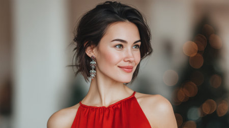 Gorgeous female model radiates elegance wearing a stunning red dress, posed against a warm, decorative Christmas background with soft lighting. Perfect for holiday themes.の素材