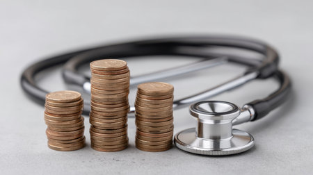 This image illustrates the connection between finance and health care, showcasing a stethoscope alongside stacked coins, symbolizing economic growth in the medical sector.の素材