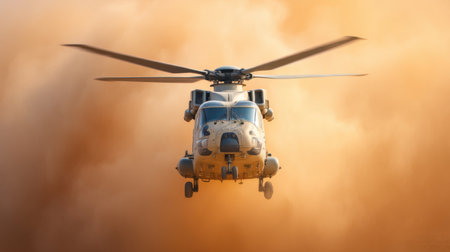 A powerful helicopter flies low against a breathtaking golden sunset, creating a stunning visual. This image symbolizes adventure and exploration in a warm evening sky.の素材