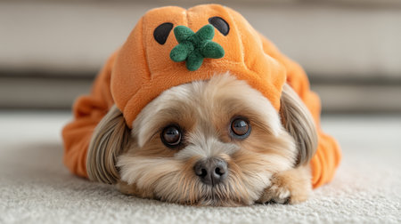 A small dog lies on the living room floor, wearing an adorable pumpkin costume that embodies the fun and cozy spirit of Halloween, creating a heartwarming scene.の素材