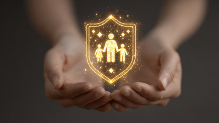 A pair of hands holding a glowing digital shield, embodying the essence of family protection and security, bridging traditional values with modern support.の素材