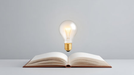 A visually striking representation of education featuring a glowing light bulb above an open book, symbolizing the spark of ideas and the pursuit of knowledge and learning.の素材