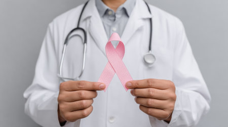 A medical professional in a white coat holds a pink ribbon symbolizing support for breast cancer awareness, emphasizing the importance of awareness and early detection.の素材