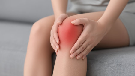 A woman resting on a couch holds her knee where there is a glowing red indication of pain, showcasing the need for medical attention and comfort at home.の素材